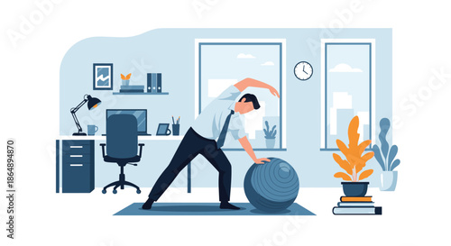 Office worker in shirt and tie practicing yoga and stretching with fitness ball in modern workplace setting.