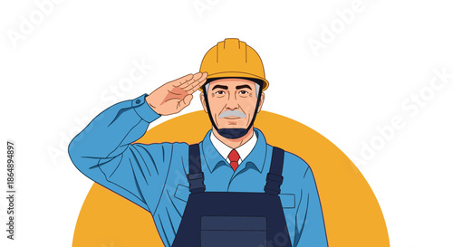 Experienced senior worker in blue overalls and yellow hard hat giving respectful salute for safety and teamwork.