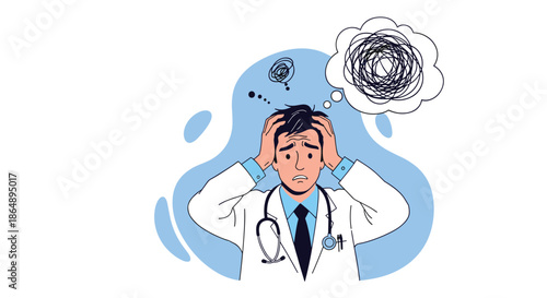 Stressed male doctor in white coat with hands on head feeling mental pressure and confusion with scribbled bubble of thought.