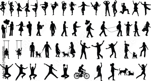 Large collection of human silhouettes showing dancing, walking, jumping, playing with pets, leisure activities, lifestyle poses isolated on white background