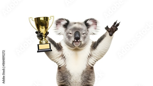 Triumphant koala holding a golden winner's trophy with arms raised in victory, eyes closed in celebration on white background.