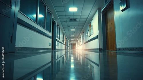 empty hospital corridor with lights reflecting on floor