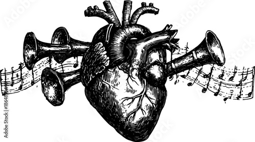 Heart with trumpets and musical notes. Vintage outline vector illustration in black and white style, emphasizing artistic creativity in a detailed set.