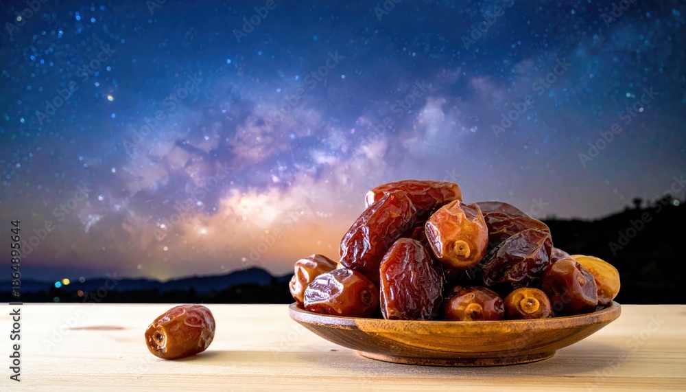 Fototapeta premium A stunning shot of a plate of dates under the mesmerizing starry night sky. The dates are arranged beautifully on the wooden plate with a stunning night sky background