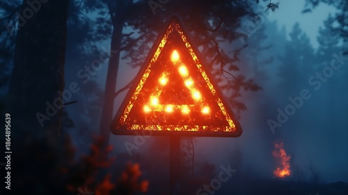 A triangular signal with glowing fire warning icons for wildfire zones 