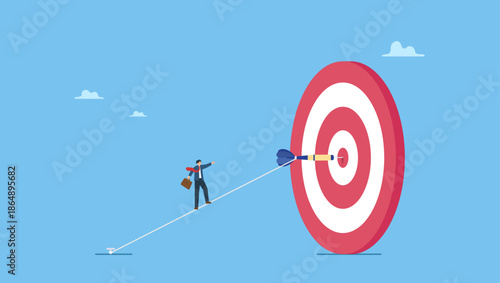 Skillful businessman walk on rope to reach bullseye dart target. Challenge to overcome difficulty and achieve business target, risk management or strategy and skill to win and success.