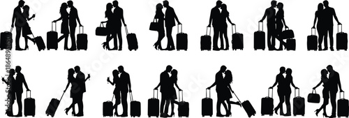 Romantic travel couple silhouettes with luggage showing love moments airport journey vacation relationship poses isolated vector collection