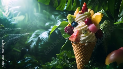 A tropical ice cream cone decorated with tropical fruits in a lush green rainforest 