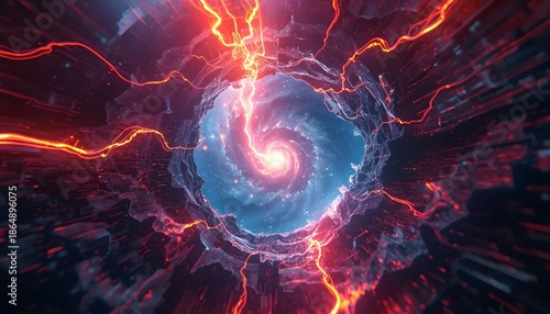 Electric blue swirling vortex with red lightning bolts spiral energy abstract