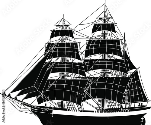 Classic sailing ship silhouette with full rigging and sails, maritime history vessel concept isolated black vector illustration on white background