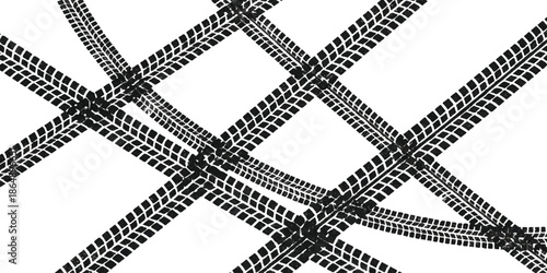 Seamless tire track pattern background with crossed black wheel trails and grunge texture marks for automotive design vector illustration