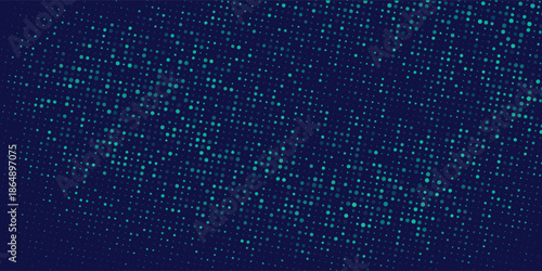 Digital glowing pixels matrix pattern on dark blue background. Abstract backdrop of glittering dots for FinTech presentation, blockchain or data scientist concept. Vector illustration.