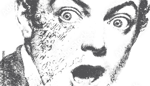 A shocked man's face illustrated in a vintage style. The black-and-white graphic shows a strong expression in a classic art vector illustration set.