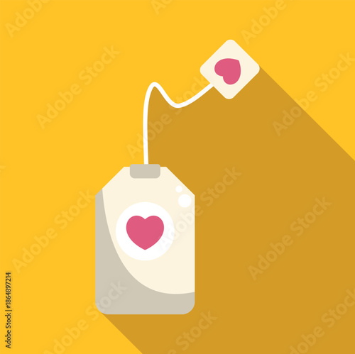 Teabag with an pink heart and tag icon on a yellow background, creating a long shadow