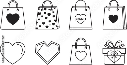 Valentines day gift bags and hearts illustrations for romantic shopping and gifting