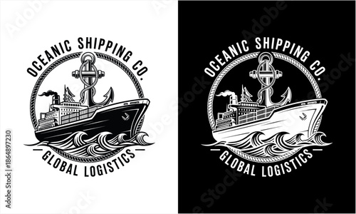 Vintage Oceanic Shipping Co. Global Logistics Emblem with Ship and Anchor.
