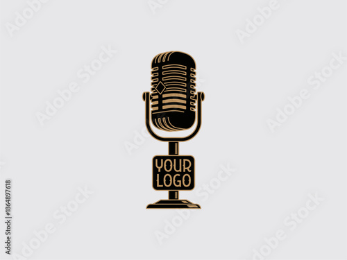 Vintage Microphone with Stand and Logo.