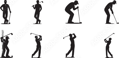 Silhouette golf icon set with players, clubs and sport action symbols in simple style.