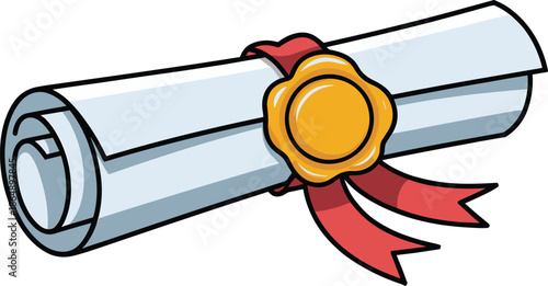 Graduation diploma certificate illustration, rolled parchment scroll with red ribbon and gold seal, education achievement icon, flat vector design isolated