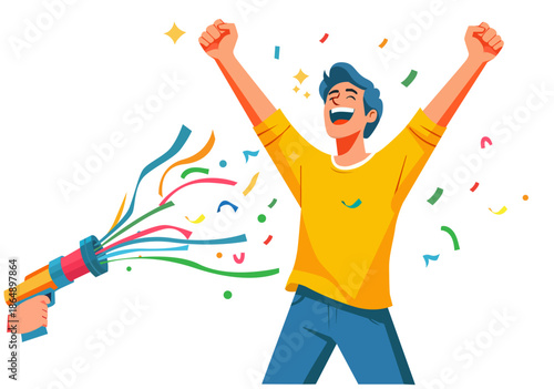 Illustration Happy Young Man Cheering and Celebrating Victory