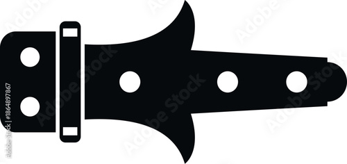 Black silhouette of a rustic door hinge with decorative elements, isolated on white