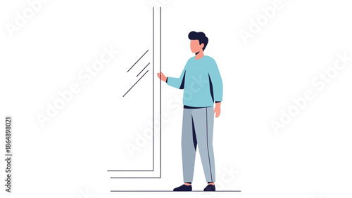 Young man standing with hand on glass door in a modern and minimalistic style illustration