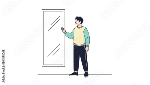 Young man using a smartphone to take a selfie in front of a mirror in a minimalistic setting