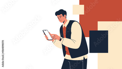 Young man using smartphone with modern stylish background and casual clothing