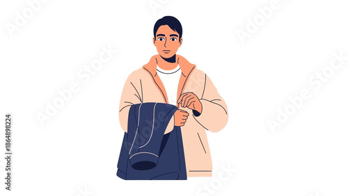 Young man with backpack checking his watch while holding a jacket in a minimalistic illustration
