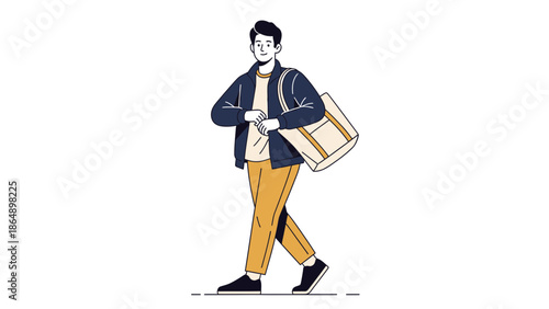Young man with backpack carrying a cardboard box walking confidently on white background
