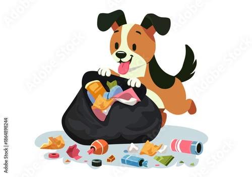 Illustration Naughty Dog Digging Through Trash Bag and Making a Mess