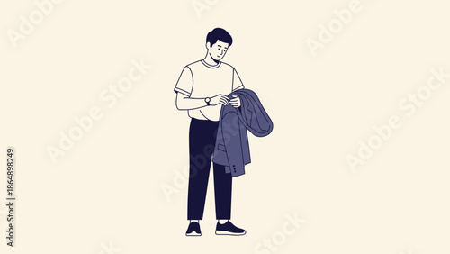 Young man with casual attire using smartphone and carrying a jacket in minimalist illustration