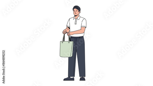 Young man with short hair wearing casual white polo shirt and dark trousers holding a tote bag