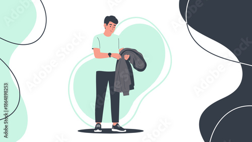 Young man with dark hair wearing a mint green t-shirt and jeans holding a jacket in a modern