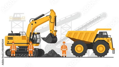 Heavy machinery and workers at a construction or mining site with excavators and dump trucks