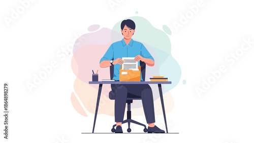 Young man working on a typewriter at his desk in a modern office environment