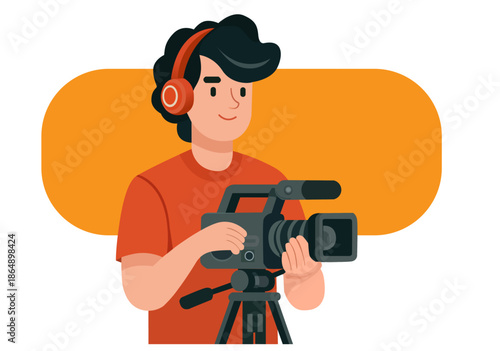 llustration Professional Videographer Operating Video Camera with Headphones