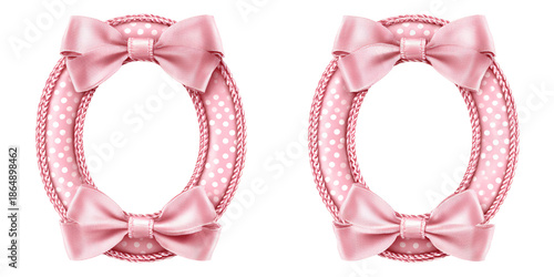 Two decorative pink oval frames with polka dots and satin bows, perfect for baby shower invitations or nursery decor