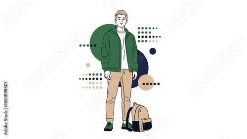 Young male student with backpack standing confidently amid abstract geometric background