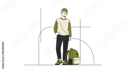 Minimalist Illustration of a Young Man with Backpack Standing Confidently on White Background