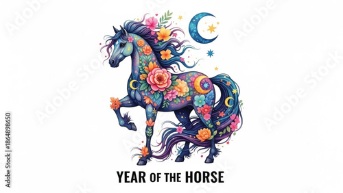 Floral Year of the Horse Illustration Chinese New Year Zodiac Horse with Moon and Stars Isolated on White