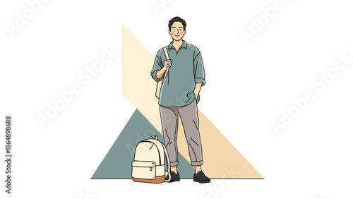 Young student standing confidently with backpack on a creative geometric background