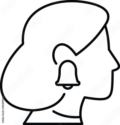 Woman's head profile with a bell icon indicating a ringing sound in her ear