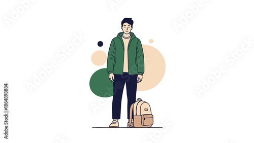 Young man with backpack standing casually with colorful abstract background and minimal style