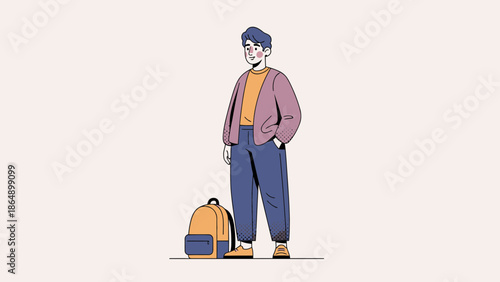 Stylish young man with backpack dressed in casual attire standing confidently