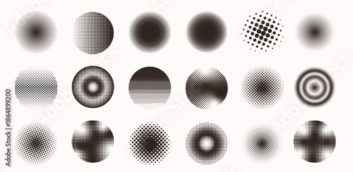 Circle halftone with circular dotted frames. Round black halftone textures with geometric dot gradients. Vector abstract dotted circles for frames, backgrounds, posters, logos, modern graphic design.