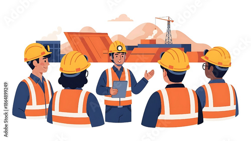 Construction team meeting foreman briefing workers on site safety and project progress