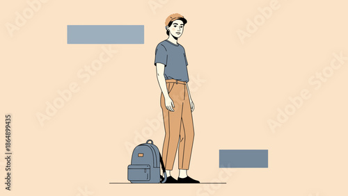 Stylish young woman standing with backpack in casual outfit against plain background