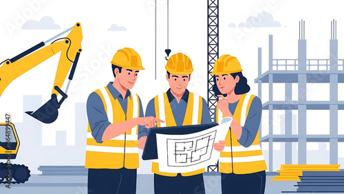 Professional construction team planning project on site. Engineers and architects reviewing blueprints for building development with heavy machinery in the background