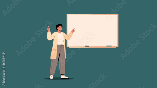 illustration of a woman teacher in casual clothing standing in front of a blank whiteboard